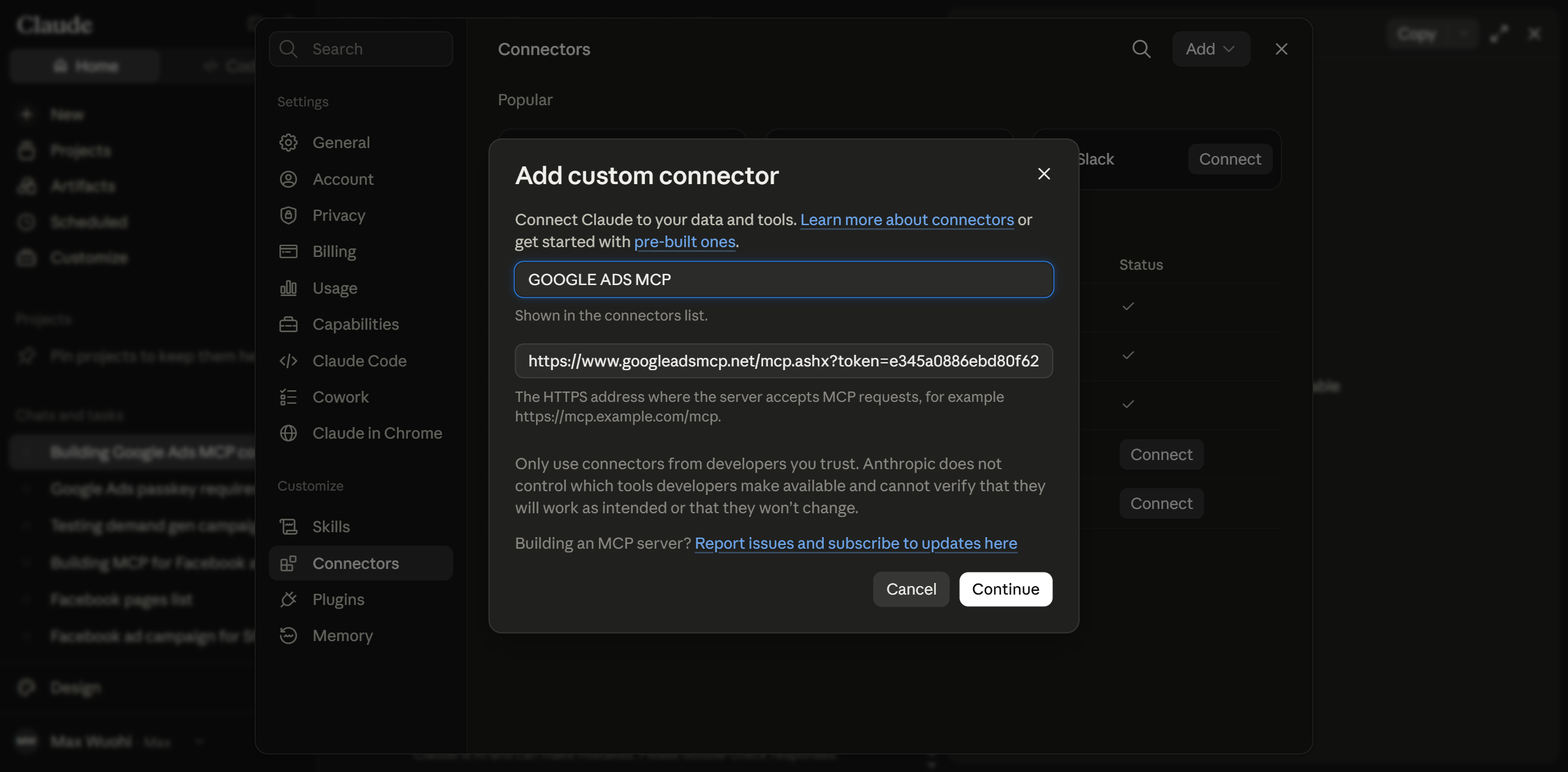 Claude Add custom connector dialog — paste your MCP URL and click Continue