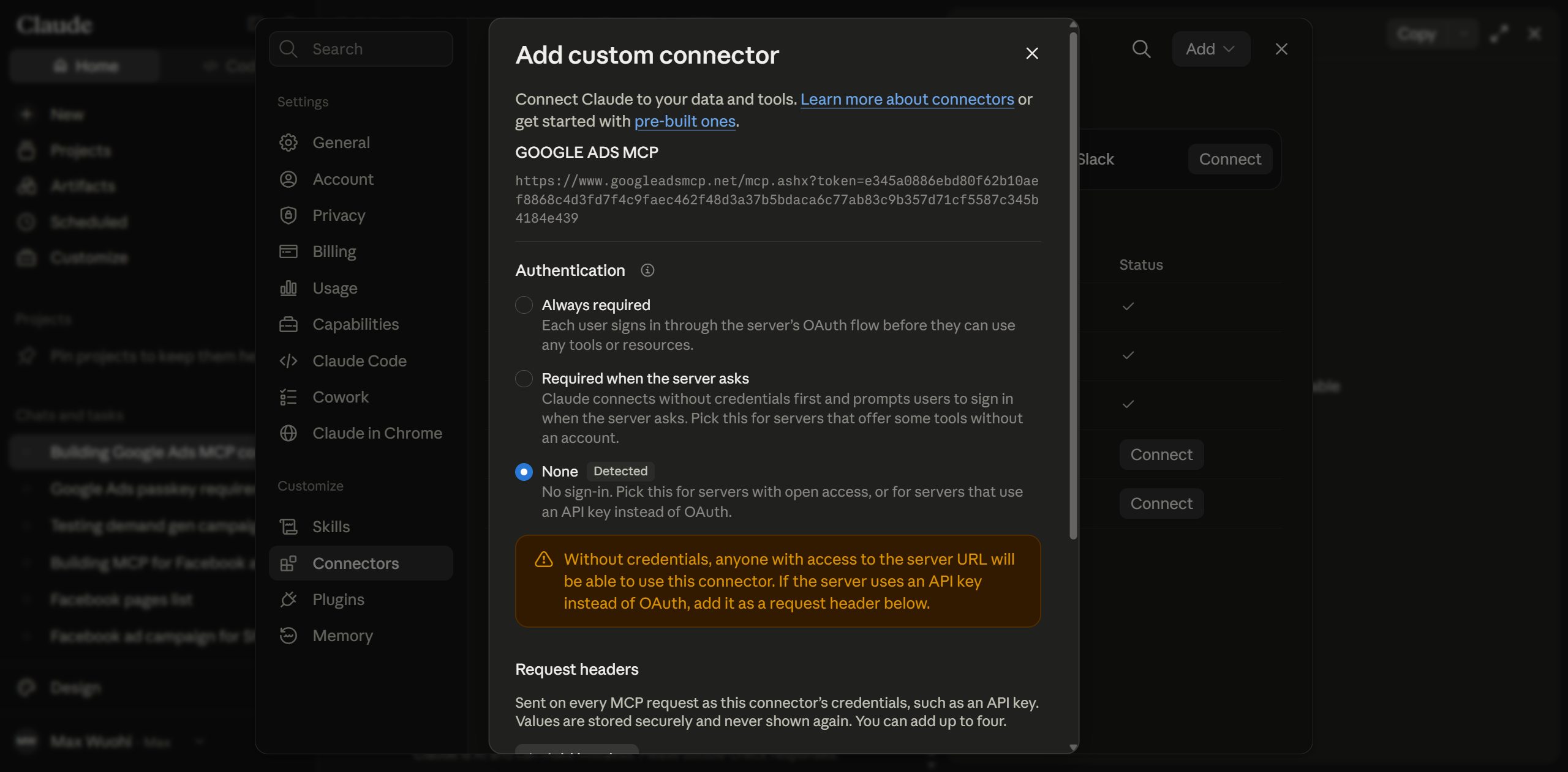 Claude authentication screen showing None Detected — click Add connector